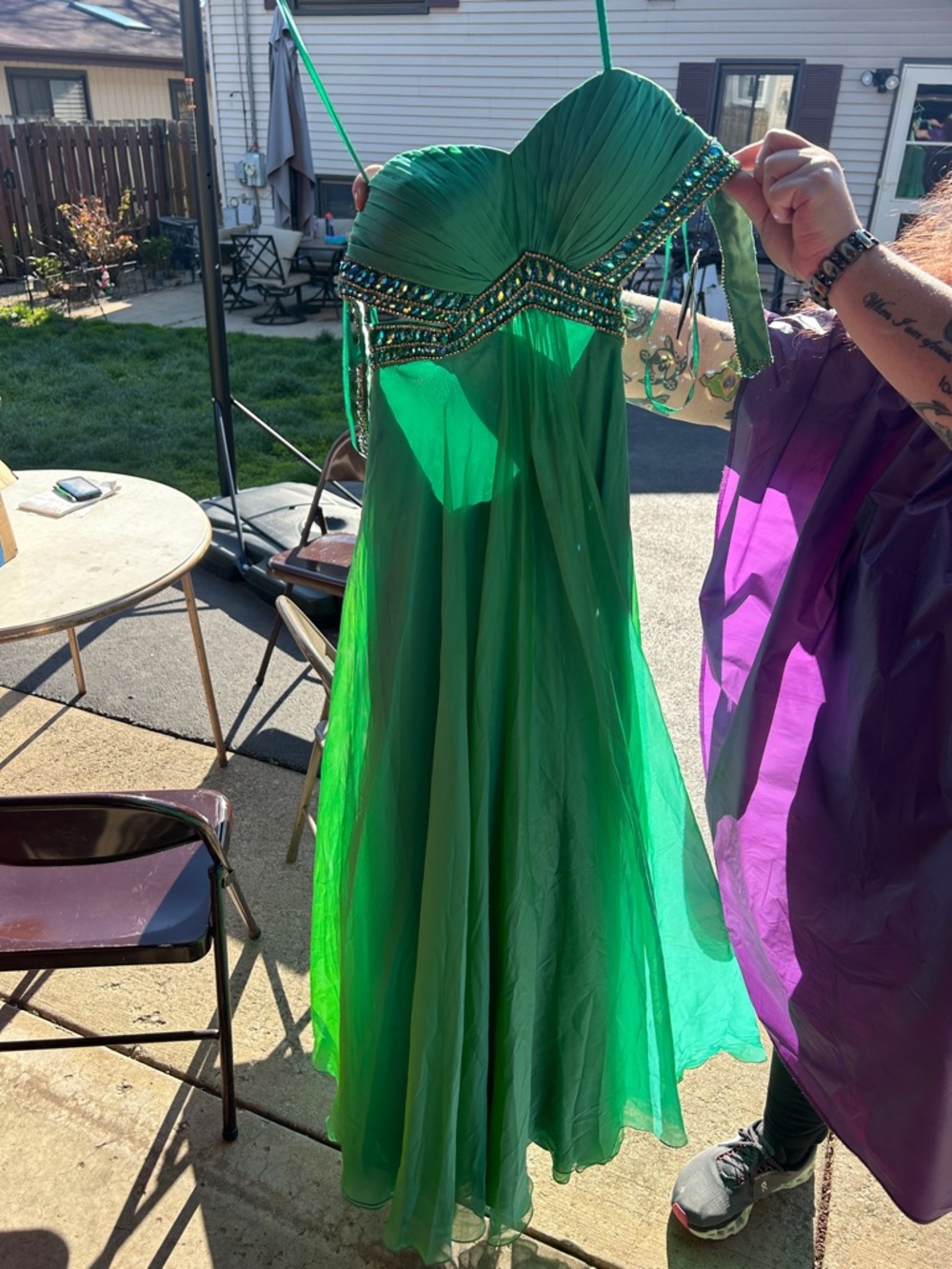 La Femme Emerald Green Beaded Evening Gown